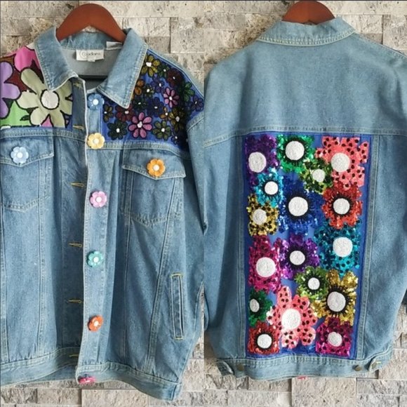 Cedars Jackets & Blazers - Vintage Floral Embellished Denim Jean Jacket
